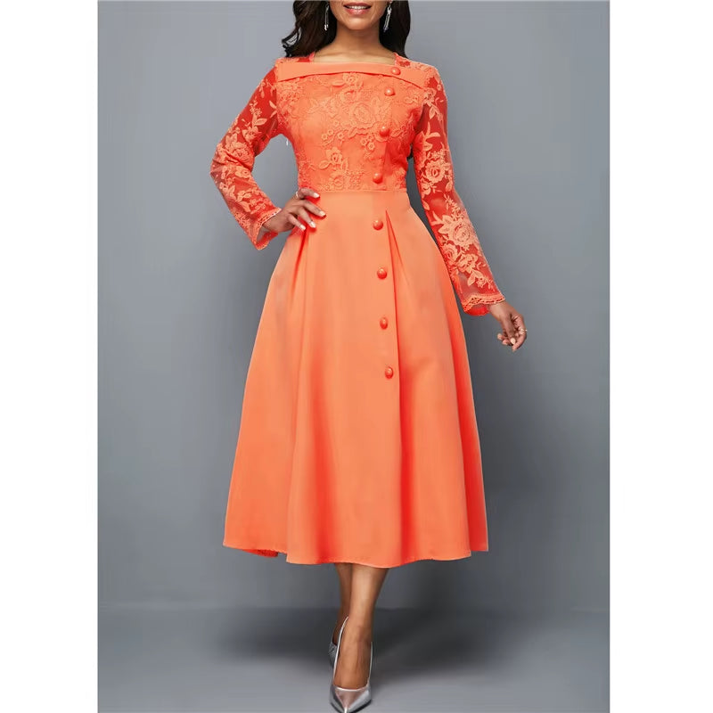 Dresses for Women Elegant Long Sleeve Lace Stitching High Waist Big Hem Mid-Length Oversized Dresses for Women