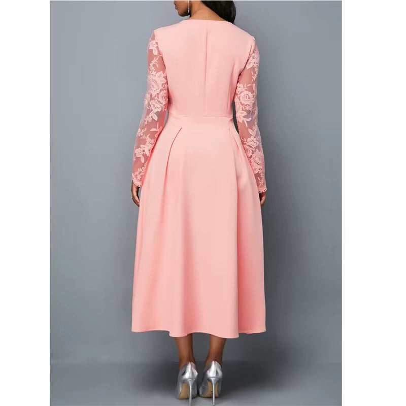 Dresses for Women Elegant Long Sleeve Lace Stitching High Waist Big Hem Mid-Length Oversized Dresses for Women