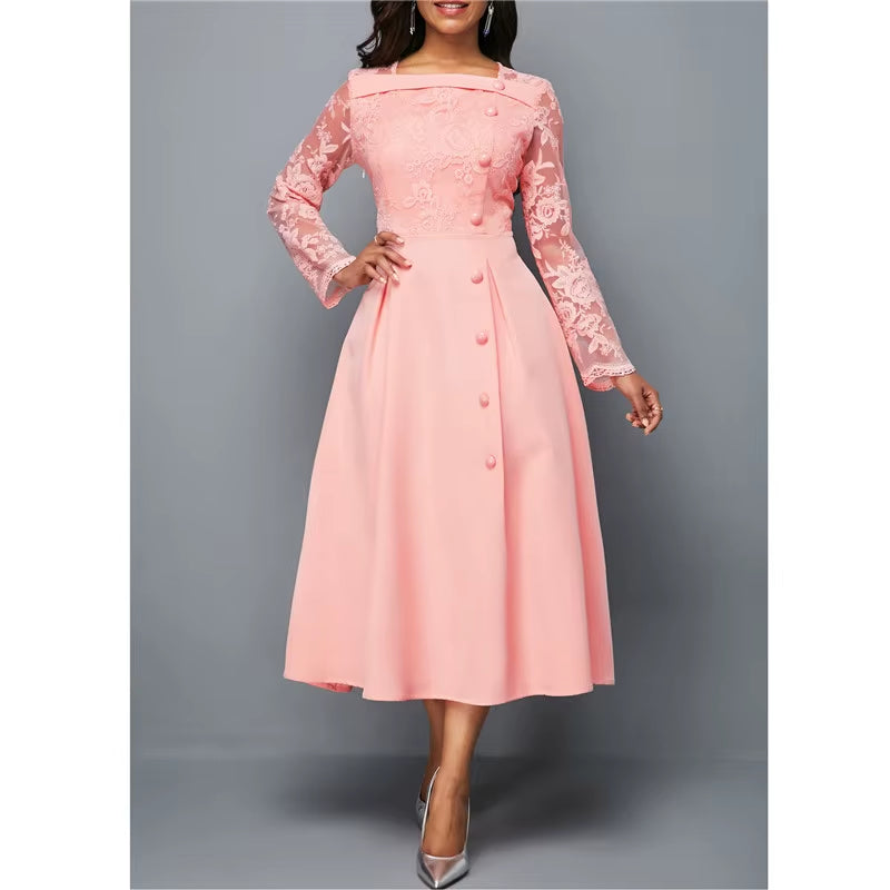 Dresses for Women Elegant Long Sleeve Lace Stitching High Waist Big Hem Mid-Length Oversized Dresses for Women